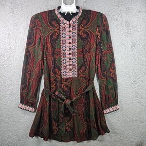 ZARA‎ Paisley Print Long Sleeve Belted Mini Dress Women US Size S Black Multi